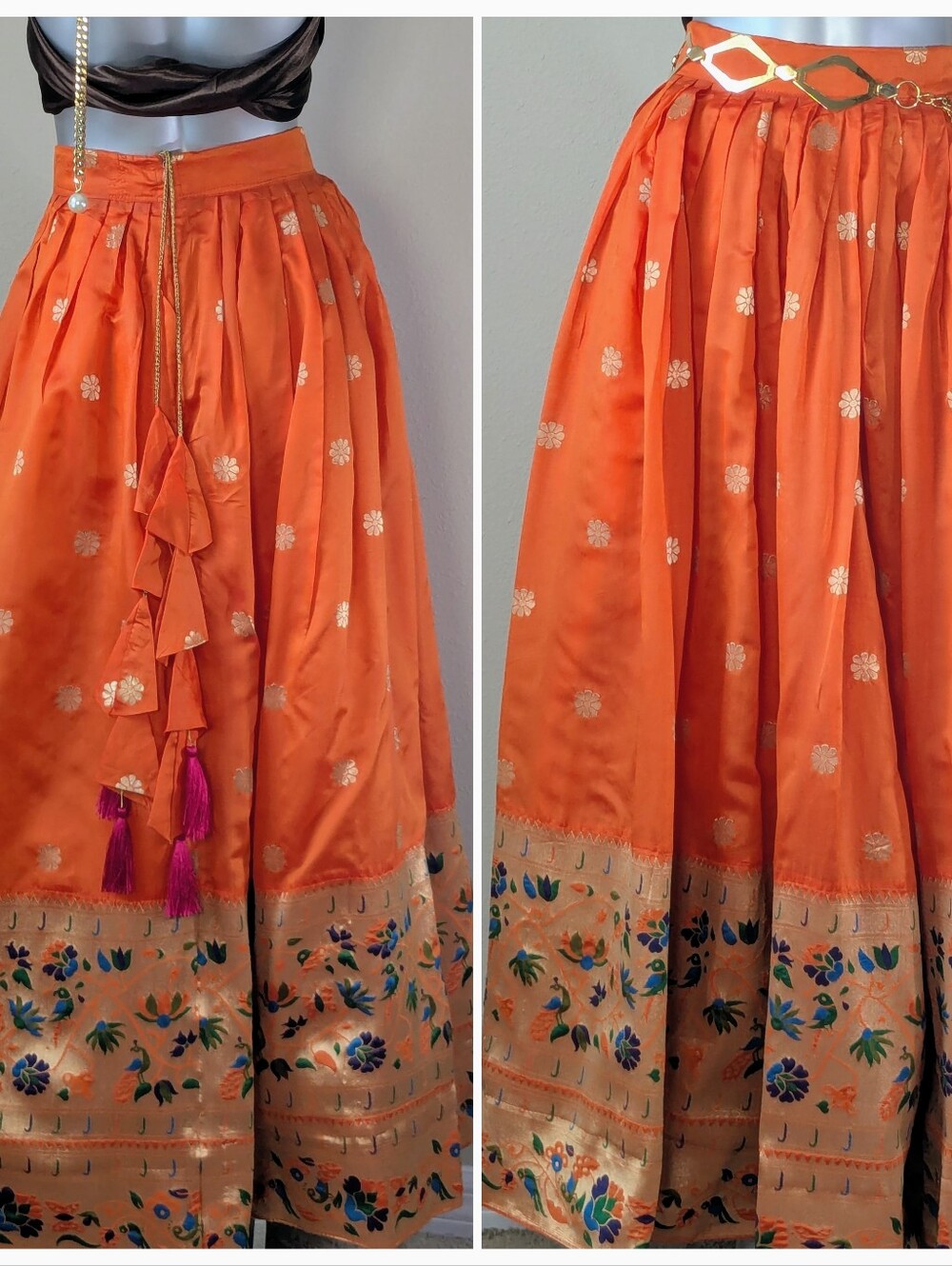 Three-Piece Jacard Silk Semi-Stiched Orange Wedding Festival Lehenga Choli